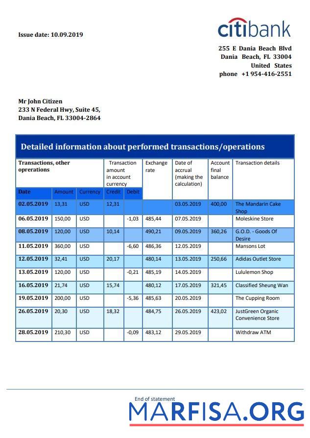 Blank Hong Kong Citibank proof of address bank statement word example